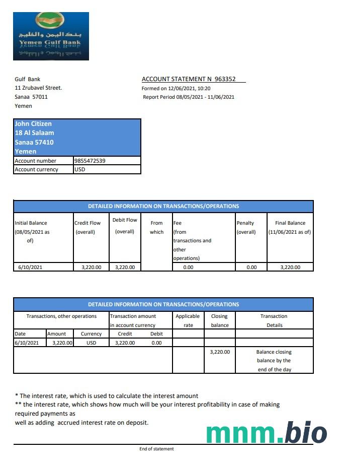 Jemen Bank Centralny Jemenu szablon wyciągu bankowego w programie Word i PDF